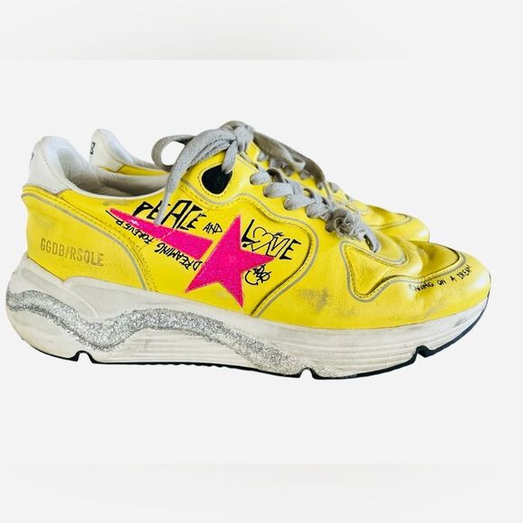 Golden Goose Sneakers Size 9 Peace & Love Yellow Running Sole Distressed Italian - Picture 1 of 10